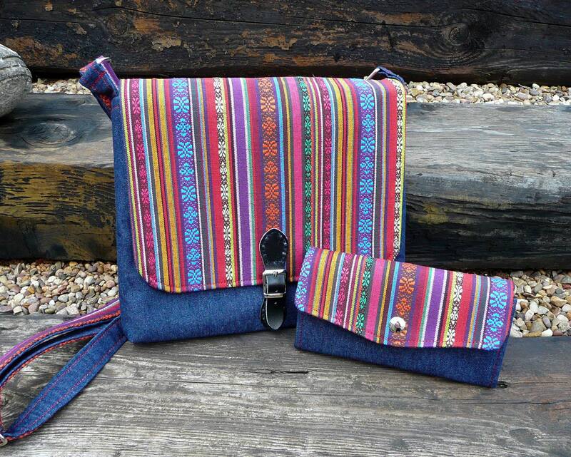 Matching crossbody bag and NCW wallet in rainbow cotton