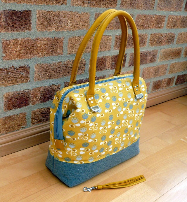 Zipper top handbag, yellow grey tweed top handle handbag