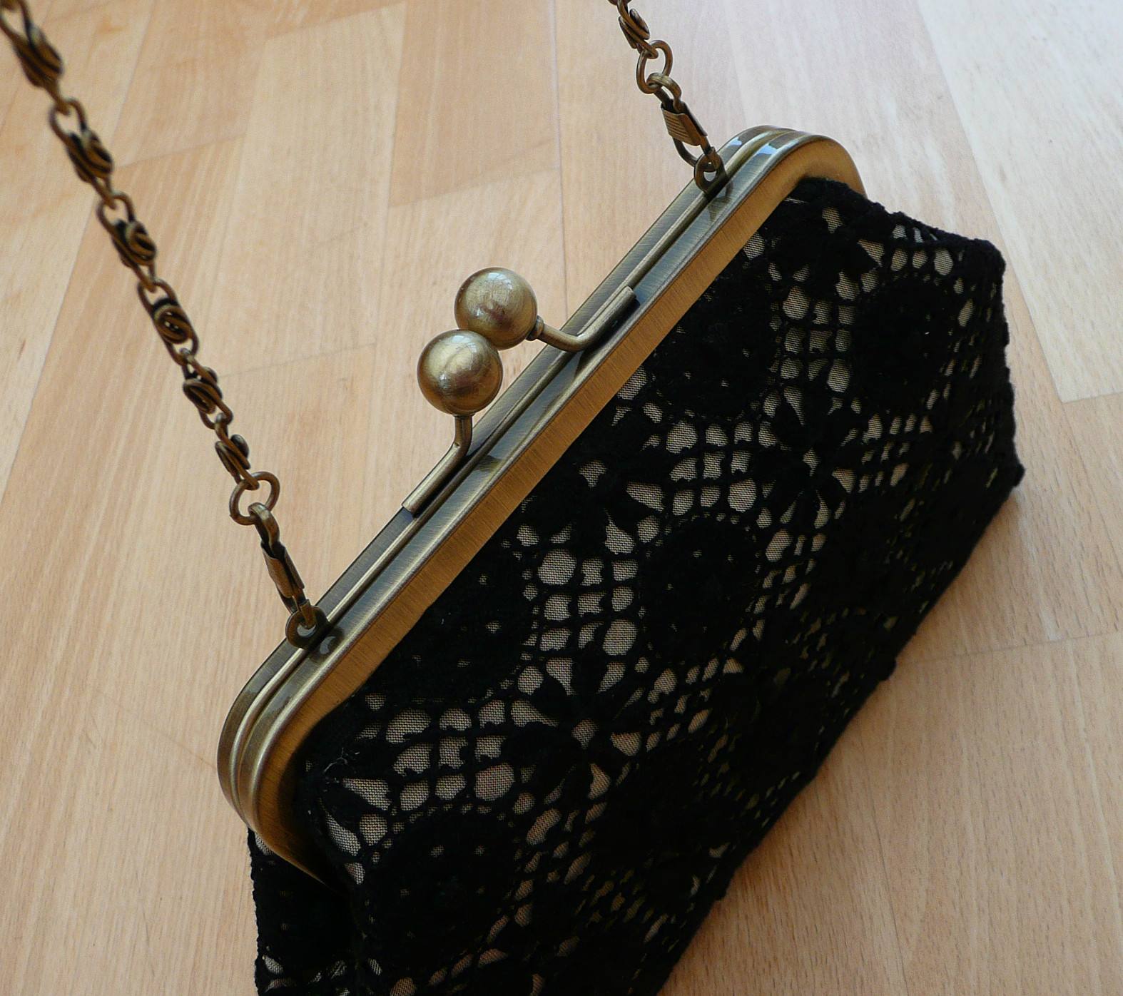 Nottingham lace clutch purse with silk lining and detachable chain strap