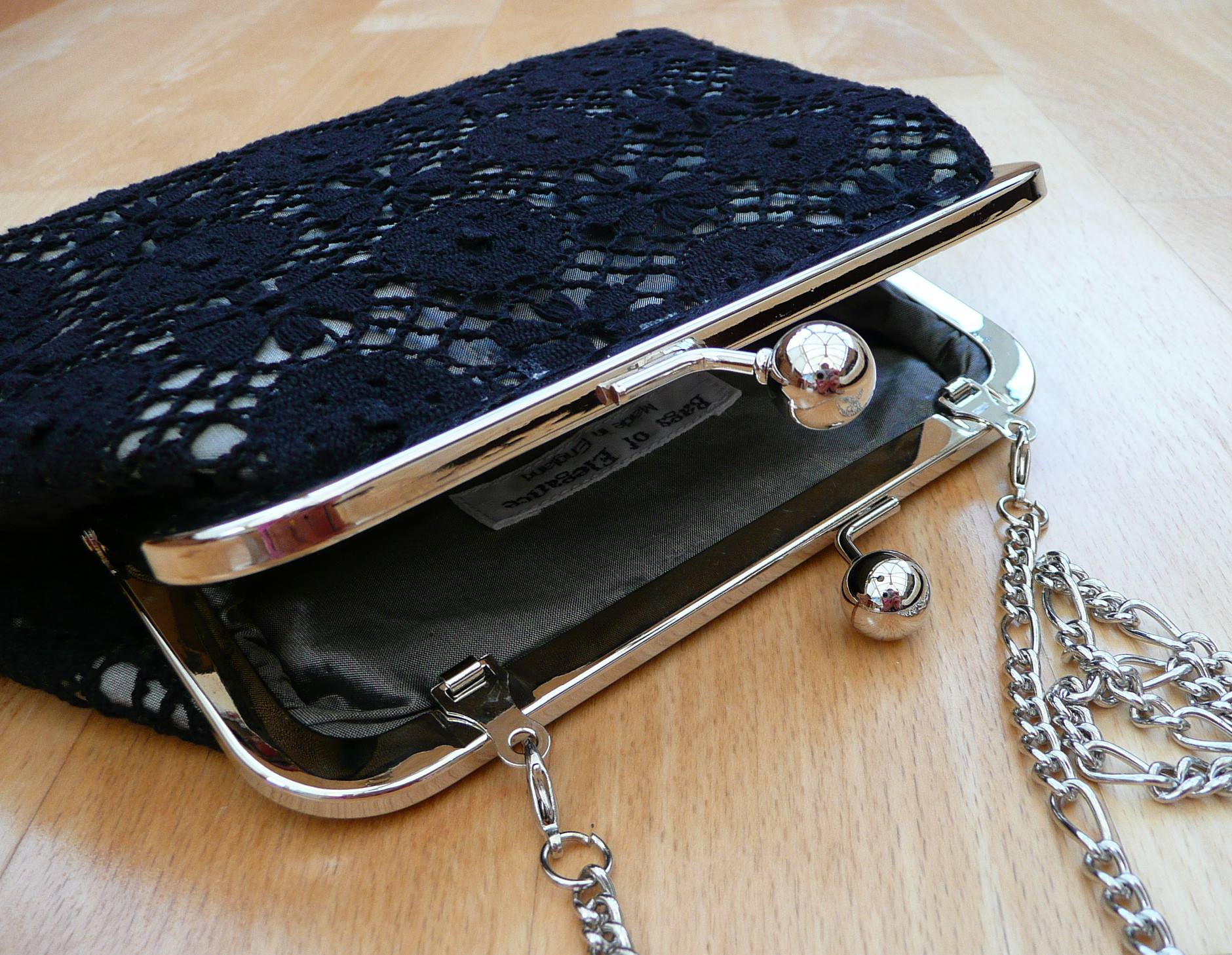 Nottingham lace clutch purse with silk lining and detachable chain strap