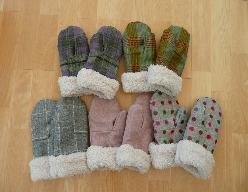 assorted ladies mittens made from tweed and fleece